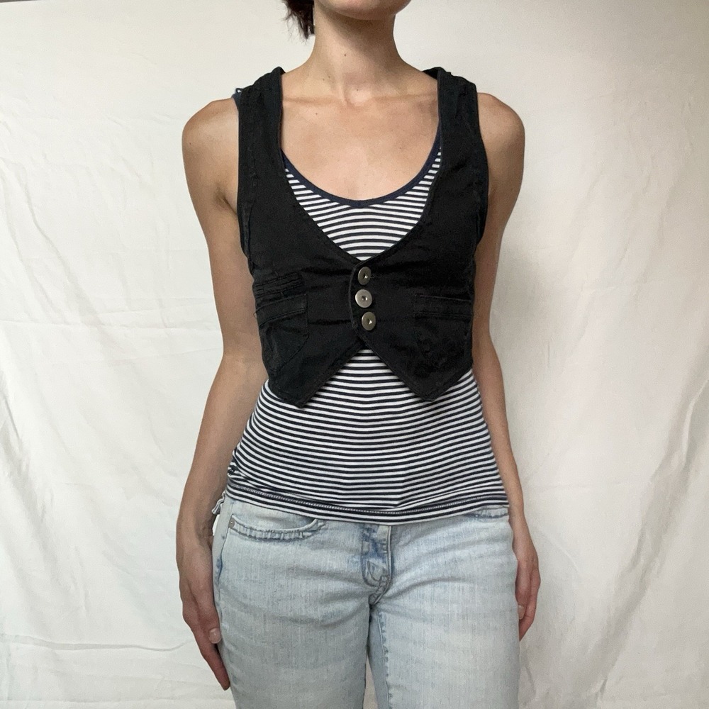Y2K Rave Black Cropped Vest Button Detail Indie 2000s Grunge Steampunk